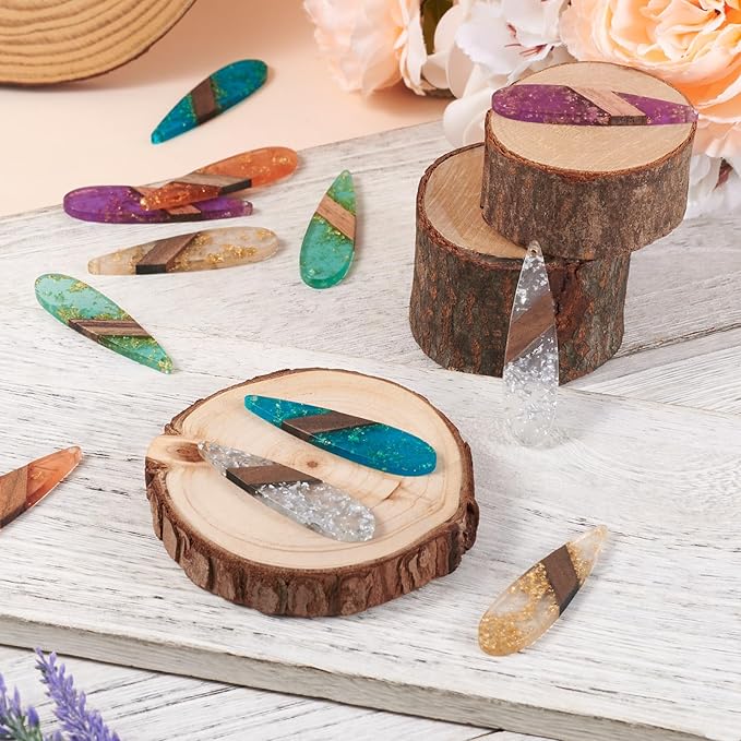 Beadthoven Transparent Teardrop Big Pendants for Jewelry Making, 12Pcs/6 Pairs Resin Wood Charms Glittery Crystal Pendants for Women Wood Earrings Necklace Bookmarks Making DIY Crafts Supplies