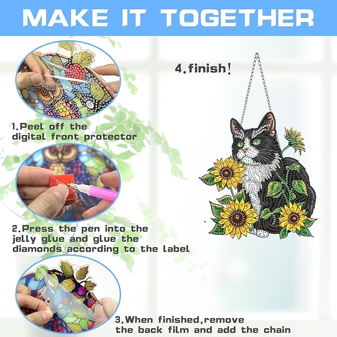 VAIIEYO Cat Diamond Art Hanging Ornament, Sunflower Animal Diamond Painting Suncatchers Window Hanging Kit with Chain, 7.5x7.5 inch Crystal Pendant Art Craft for Gift Home Wall Front Door Decoration
