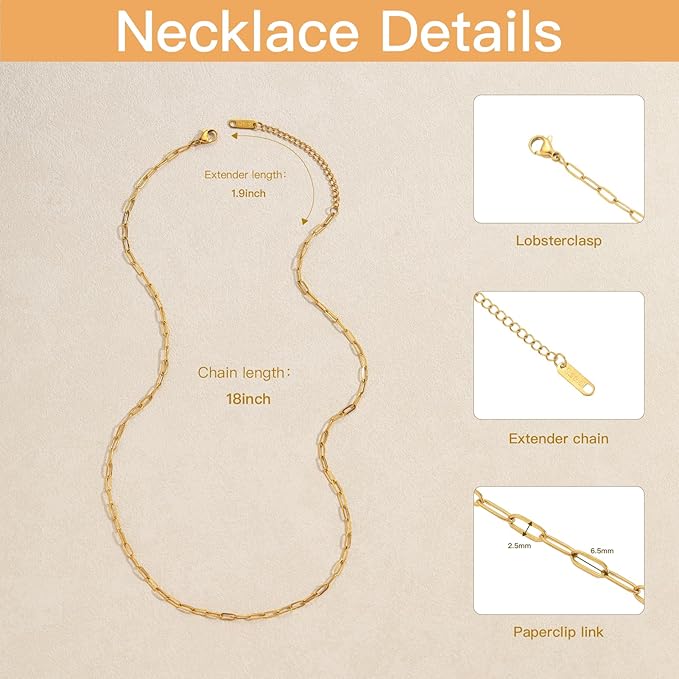 Swyabi 10 PCS Paperclip Chain Necklace Kit 18Inch Stainless Steel Charm Bulk Chains with Extender for DIY Jewelry Making Supplies Accessories (Gold + Steel）