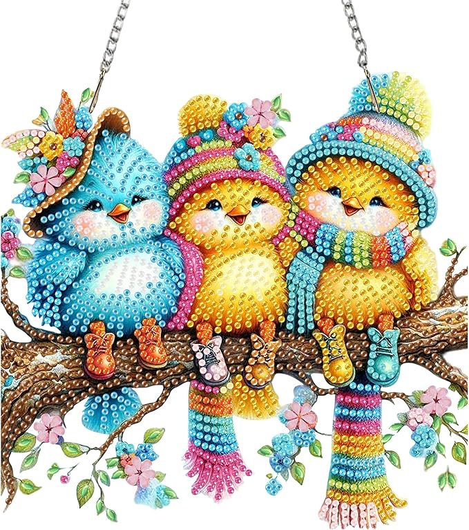 Auremi Birds Diamond Art Painting Pendant Kits with Chain,5D Animals Diamond Art Hanging Kit DIY Diamond Crystal Window Door Hanging Pendant Kit for Adults Gift Wall Decor