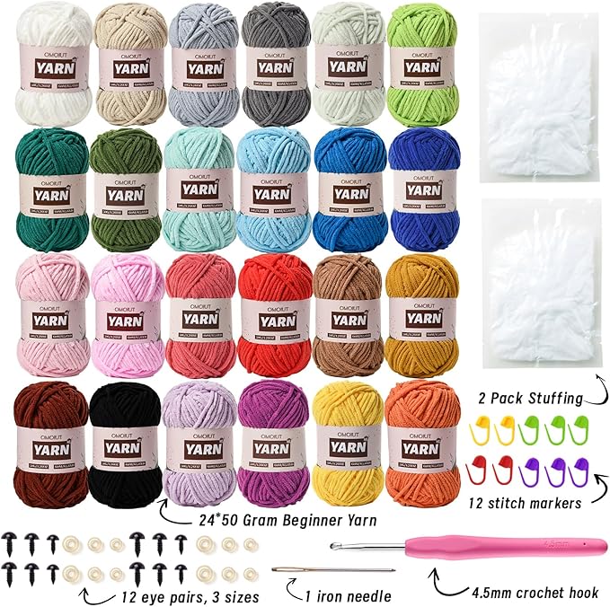 24 Pack Chenille Velvet Yarn - Baby Yarn for Crocheting Soft - Amigurumi Yarns Set with 1200g(1574yd) Crochet Yarns Crochet Hook、Stitch Markers、Fluffy Stuffing、Accessories