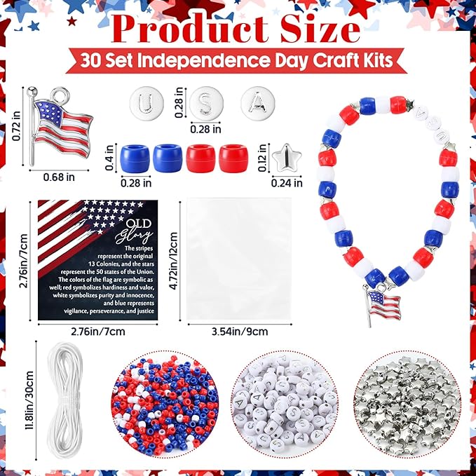 Zeyune 30 Sets Memorial Day Beaded Bracelet Kit, 1029 Pcs Red White Blue DIY Patriotic Bracelet Making Set with USA Letter Beads, Flag Charms, Cards and Bags for Memorial Day Party Favors