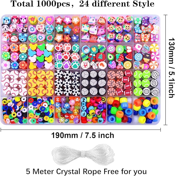 BBita 1000PCS Polymer Clay Beads Bracelet Making kit, 24 Style Cute Fun Sports Ball Beads Baseball Basketball Soccer Rugby Volleyball Football Charms, DIY Bracelet Making kit
