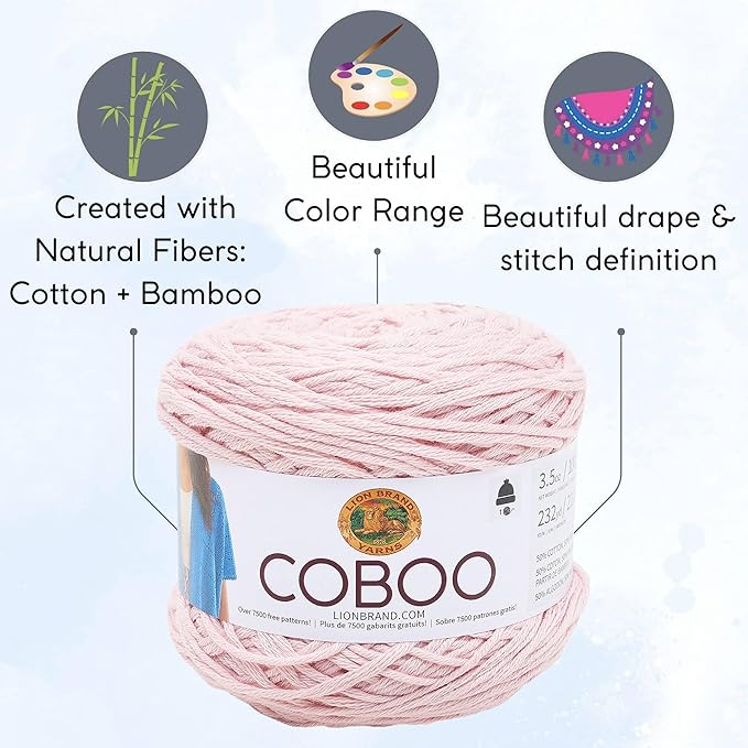 Lion Brand Coboo Pink 835-101 (3-Skeins - Same Dye Lot) DK Light Worsted #3 Cotton, Bamboo Yarn for Crocheting and Knitting with Project Bag