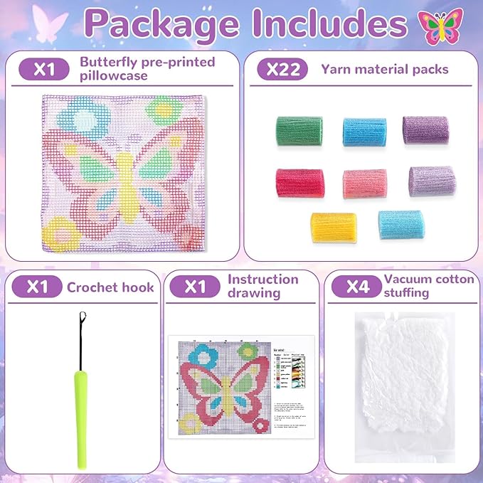 Butterfly Latch Hook Kit Butterfly Floral Pillow DIY Valentine Craft Kit for Kids Adults Beginners Making Your Own Pillow Craft Printed Pillowcase Crochet Yarn Art Handmade Cushion Gift for Sofa Decor