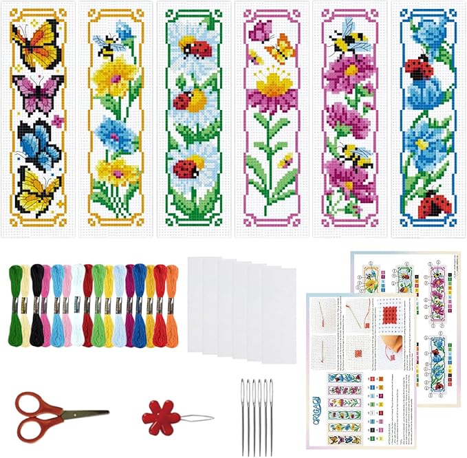 ORIGACH 6 Pcs Cross Stitch Bookmark Kit for Beginner Adults, Flowers and Butterflies Stamped Embroidery Bookmark Kit with Instruction for Starters Printed Cross Stitch DIY Kits for Book Lovers