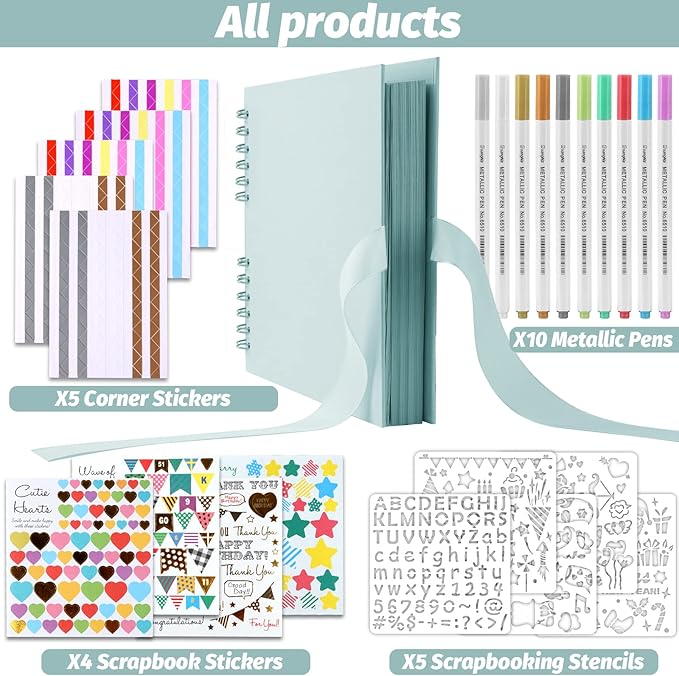 Gotideal 80 Pages Scrapbook Album with 10 Metallic Markers, Craft Paper Photo Album for Wedding and Anniversary, Family DIY Scrapbook Accessories with Scrapbooking Stickers Corners(BLUE)