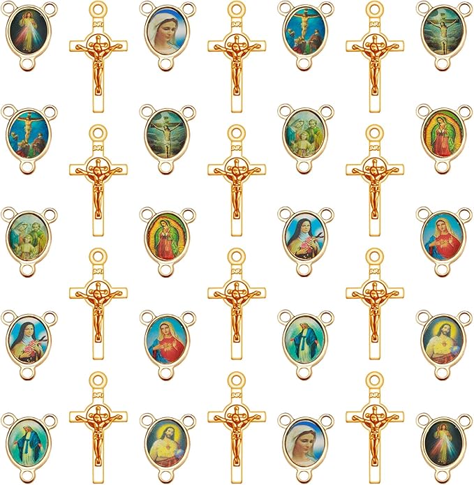 60Pcs/30Sets Rosary Making Kits Supplies Alloy Religion Cross and Center Medal Charms Pendant Oval Chandelier Links for Diy Prayer Necklace Jewelry
