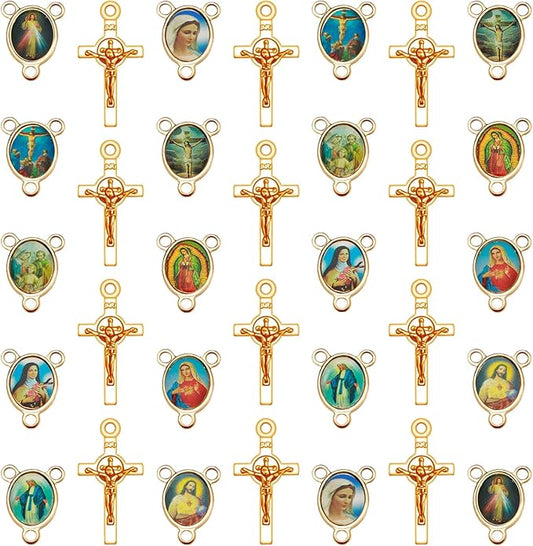 60Pcs/30Sets Rosary Making Kits Supplies Alloy Religion Cross and Center Medal Charms Pendant Oval Chandelier Links for Diy Prayer Necklace Jewelry