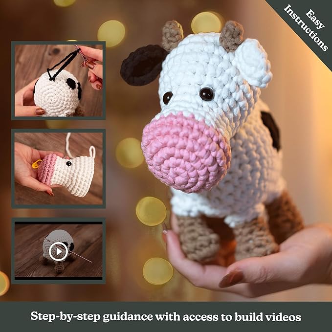 Amigurumi Crochet Kit for Beginners Adults and Kids, Learn to Crochet Kits for Adults Beginner with Easy Yarn, Stuffed Crochet Animal Kit with Step-by-Step Video Tutorials - Callie the Cow