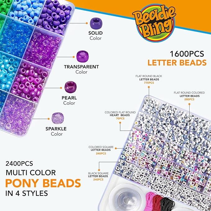 4000+Pcs Pony Beads Bulk, 6*9mm| Friendship Bracelet Making Kit with Assorted Color Plastic Beads in 2 Storage Boxes with 20m Crystal, 30m Elastic String, 3X Braided Ropes & Scissor| Ideal for Jewelry