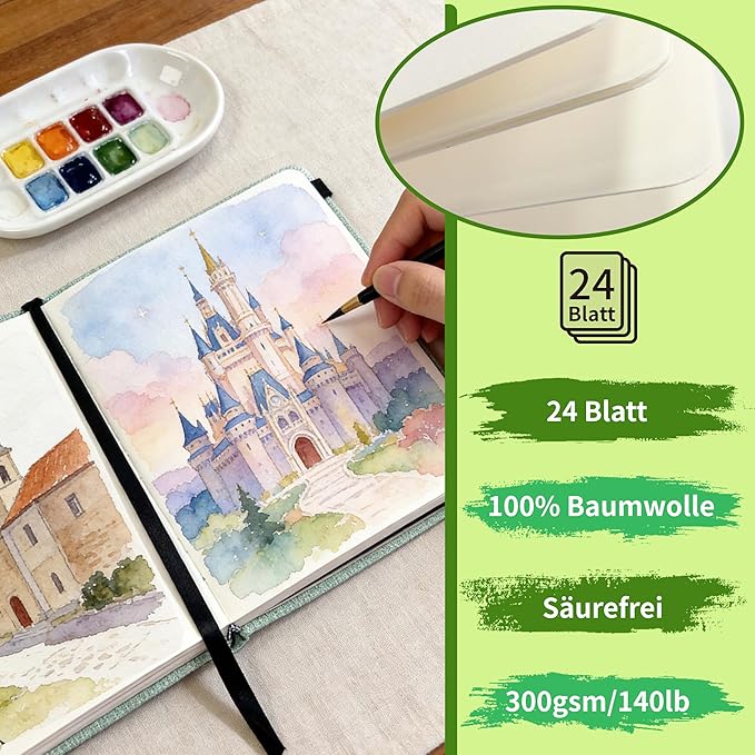 Mlife Square Watercolor Sketchbook,100% Cotton,300gsm/140lb,Acid-Free,Watercolor Journal for Artists Adults Students,6.5 * 6.5 Inch(Turquoise)