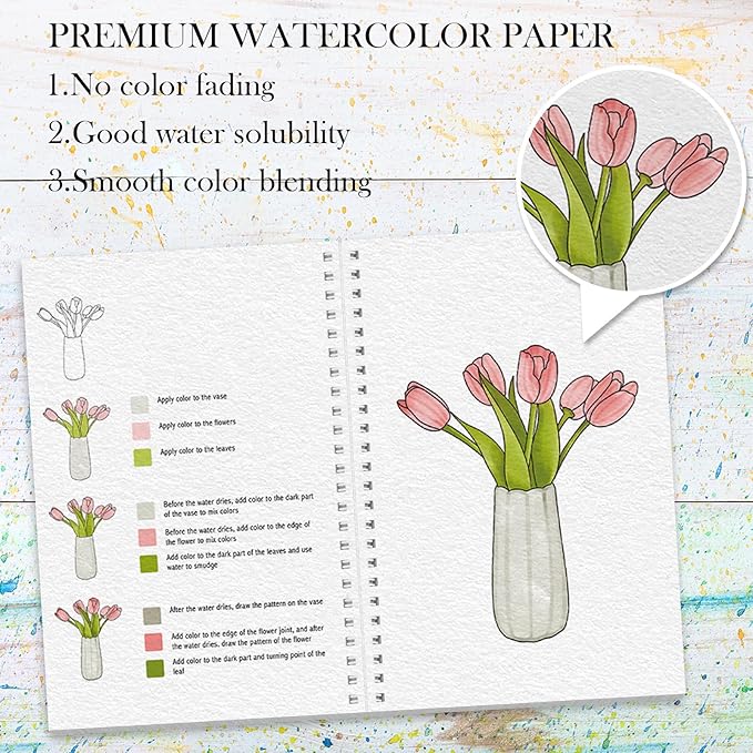 3Pcs Watercolor Workbook Paint Book Beginner Friendly Painting Kit, 36 Pages Workbooks with 24 Paint Colors & Brush for Beginners, Stress-Relieving Gift for Women Adults (Bouquet&Animals&Birds)