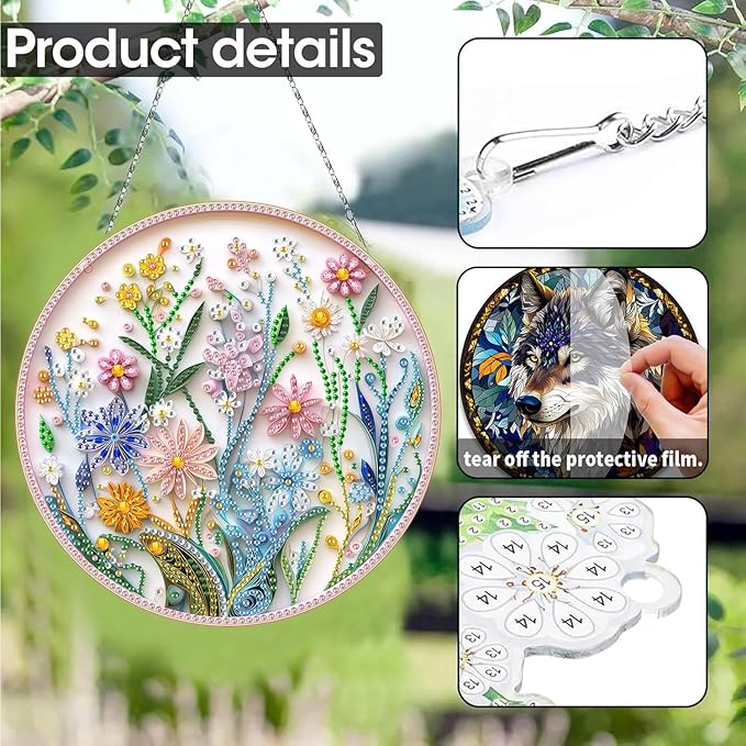 SKRYUIE Hanging Diamond Art Kits for Adults Pendant Flower, Special Shaped Crystal DIY Diamond Painting Kit, Acrylic Board Wreath Pendants Double Sided, Home Decor 7.48 x 7.32 Inch c3