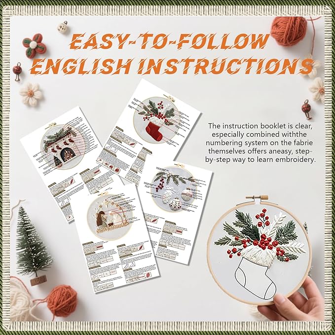wkalxj 4 sets embroidery kits for beginners adults, cross stitch kits, needlepoint kits with instruction, video, needle point kits with holly fireplace stocking nativity patterns (4 sets a)