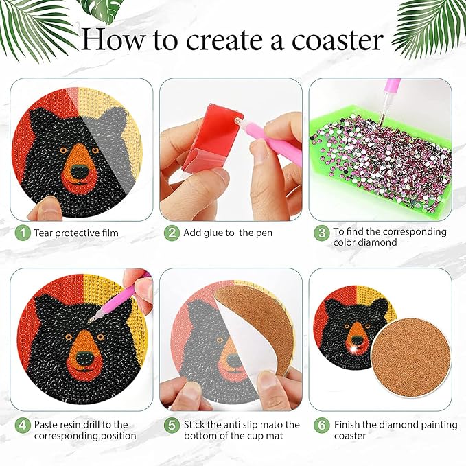 EWJRNSF 6 PCS Small Diamond Art Coasters Kits, Diamond Painting, Fall Diamond Art Kits for Adults Beginners, Arts and Crafts Item Sets with Holder for Drinks Bruin