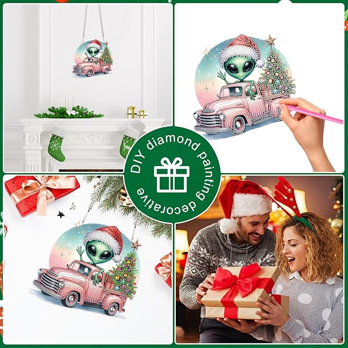 Alien Diamond Painting Hanging Ornament Kit, 5D DIY Christmas Truck & Tree Pendant Decoration with Santa Hat, Crystal Diamond Art Kit for Adults Home Wall Door Window Xmas Decor (24.1x22.6cm)