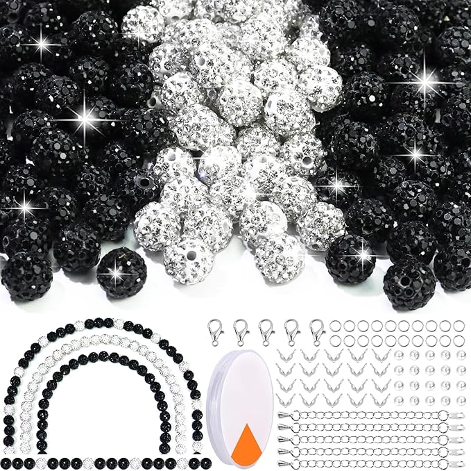 Dowarm 255PCS 10mm Rhinestone Beads for Baseball Rhinestone Necklace Bracelet Jewelry Making, Round Polymer Clay Beads for Crafts Beaded Pen, Shamballa Clay Pave Disco Diamond Bead, Black|White