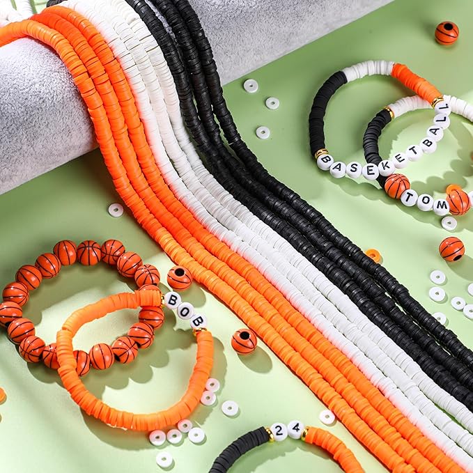 Ferreve 4200 Pcs Basketball 12 Strands Clay Beads Bracelet Making Kit, 100 Letter and Number Beads, 120 Basketball Acrylic with Gold Spacer, Charm Bracelet Kit for Sport Party