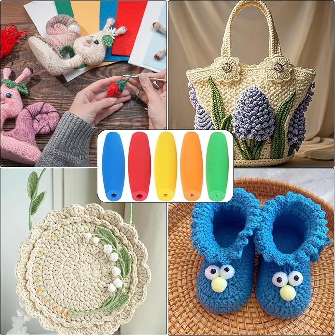 HEYLEAYAR Multicolor Crochet Hooks Grips Set, 5Pcs Ergonomic Crochet Hook Handle, Multi-Size Foam Grip Handle Crochet Accessories Fits 2mm to 10mm Crochet Needles