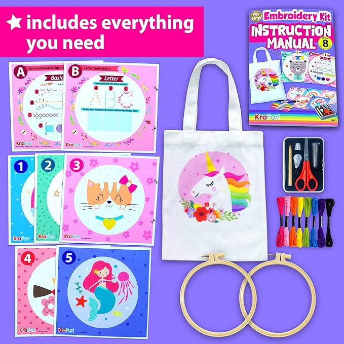 krafun beginner embroidery kit for kids & adults - learn to stitch starter set with 7 pre-printed patterns & tote bag - diy hand sewing practice project with hoop, tool box & instructions