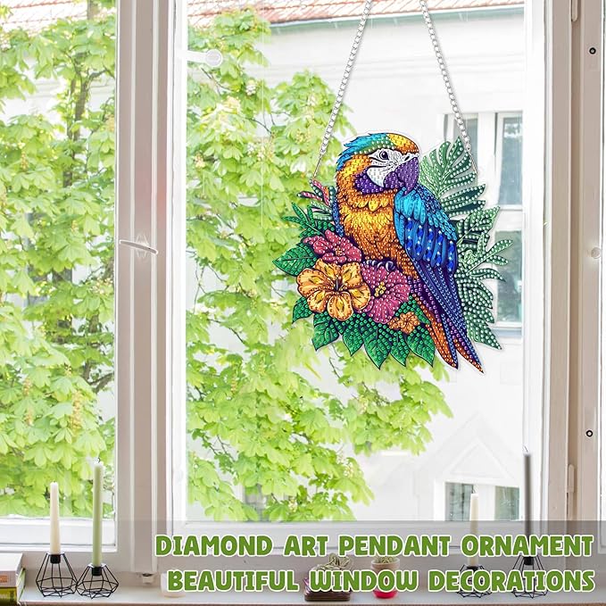RICUVED Hanging Diamond Art Painting Kit Parrot, Special Shaped Crystal Gem Craft Bird Diamond Painting Pendant Kit for Adults Beginners, DIY Hanging Acrylic Diamond Art Ornament Kit for Home Garden