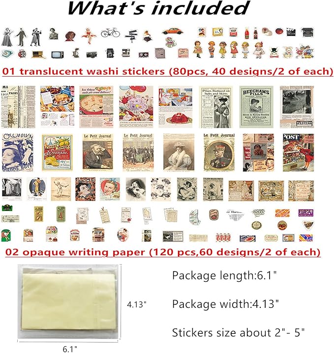 TIYPKE 200pcs Cute Stickers for Journaling - Vintage Scrapbook Paper Aesthetic People Washi Stickers for Bullet Supplies Kit Junk Journal Planners Scrapbooking Supplies Kit Journaling Stickers