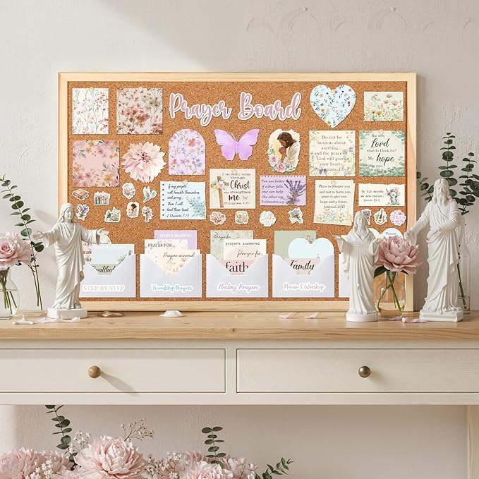 Prayer Board Stickers Supplies - 162 Pcs Prayer Board Kit with Pins Envelope Bible Verse Quotes Cards, Flower Motivational Scrapbook Stickers, Bible Study Supplies for Women (Not Cork Board)