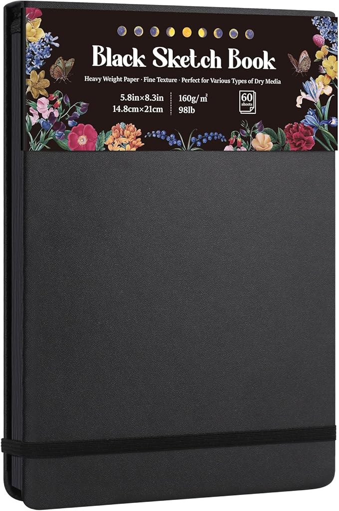 50 Sheets Black Paper Sketchbook, 98lb/160gsm Heavyweight Black Sketch Pad 5.8×8.3in, Acid-Free Drawing Paper, Spiral Bound Sketch Book for Kids, Teens, Artist