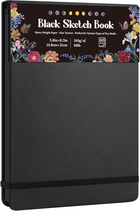 50 Sheets Black Paper Sketchbook, 98lb/160gsm Heavyweight Black Sketch Pad 5.8×8.3in, Acid-Free Drawing Paper, Spiral Bound Sketch Book for Kids, Teens, Artist