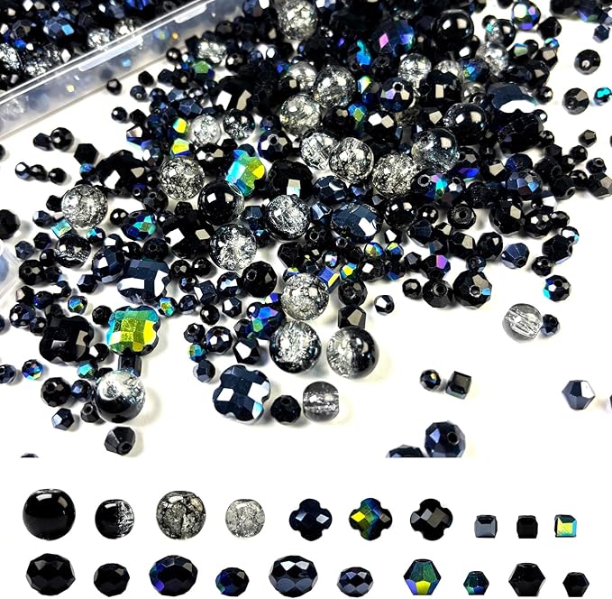 1000Pcs Glass Beads for Jewelry Making Crystal Beads for Bracelet Craft Necklace Earring Making Assorted Color 5 Style/Crackle Round/Briolette Faceted/Bicone/Cube/Four-Leaf Clover / 4 Size