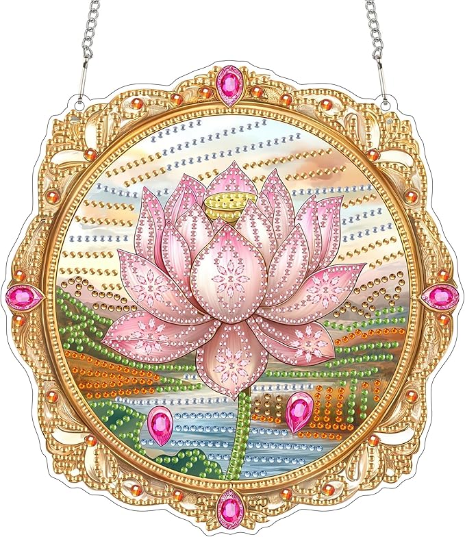 Bimkole Lotus Diamond Art Hanging Kit for Adult, DIY 5D Diamond Art Flower Window Pendant, Acrylic Crystal Art Hanging Ornament Home Wall Garden Front Door Sign Outdoor Decor 7.8x7.8 Inch