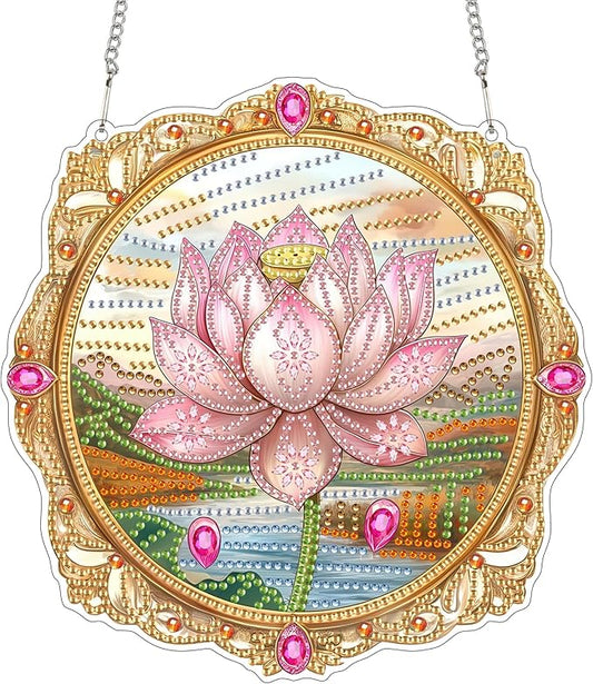 Bimkole Lotus Diamond Art Hanging Kit for Adult, DIY 5D Diamond Art Flower Window Pendant, Acrylic Crystal Art Hanging Ornament Home Wall Garden Front Door Sign Outdoor Decor 7.8x7.8 Inch