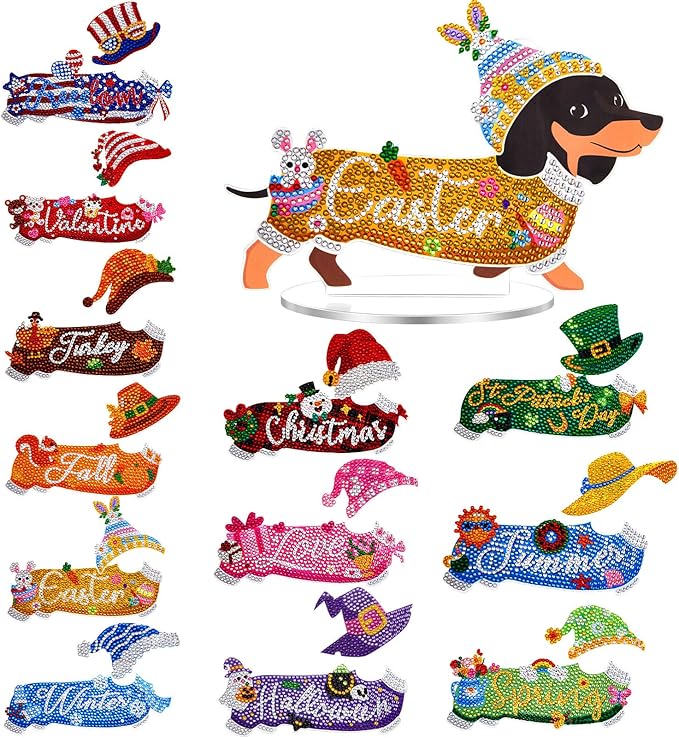 Menkxi 24 Pcs Dachshund Diamond Art Magnets Kit, Interchangeable Weenie Dog DIY Craft for Easter, Seasonal Home Table Decor Gifts