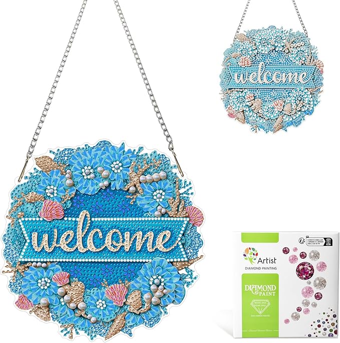 MAXBYE Welcome Sign Diamond Art Painting Kits for Adults Beginners Hanging Pendent, DIY 5D Special Shaped Crystal Diamond Painting Kits Ornament for Gift Home Wall Door Decor 8×8 Inch