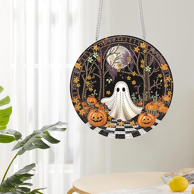 Reofrey Hanging Diamond Art Kits for Adults - 8x8 Inch Halloween Ghost Acrylic Board Double Sided Pattern Diamond Art Suncatcher Pendant, Crystal Art for Wall or Window Decoration Handmade Gift