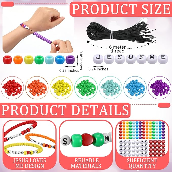 Ferreve 35 Sets Christian Bracelet Crafts Jesus Loves Me Bead Wristband Craft Kit DIY Sunday School Bracelet with Love Letter Charms for Religious VBS Gifts Making(Jesus Love Me,Rainbow)