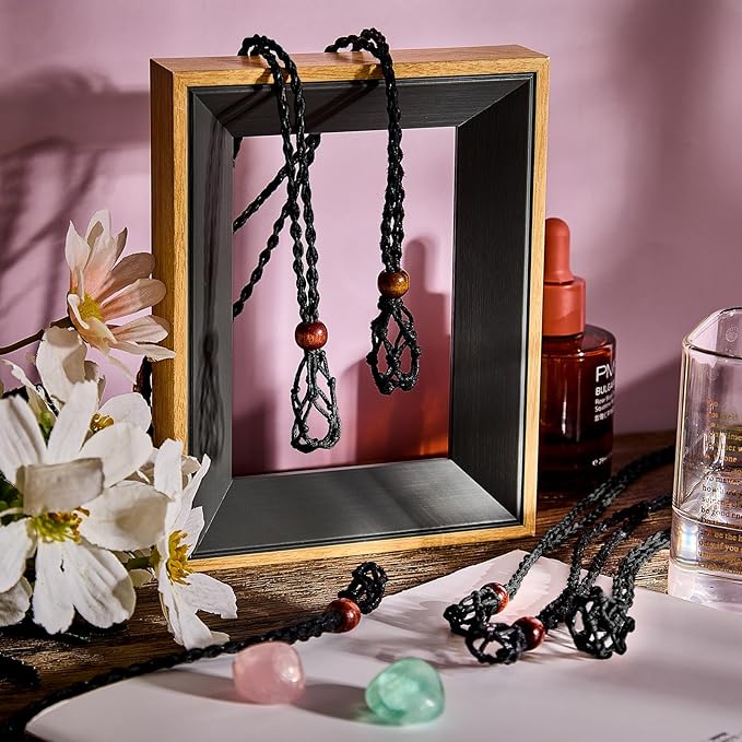 Hicarer 6 Pieces D20 Necklace Cord Empty Stone Holder Empty Necklace Holder Quartz Crystal Stone Cord, 3 Sizes Adjustable Cage Fish Netted for DIY Jewelry Making(Black)