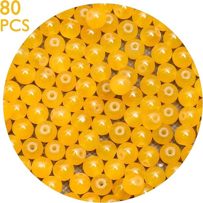 80PCs 10mm Yellow Jade Glass Beads Bulk, Round Smooth Hole Glass Crystal Beads for Jewelry Making, DIY Bracelets, Necklaces, Bag Charms, Keychains and Craft Projects