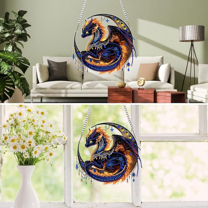 MXJSUA Black Dragon Diamond Art Hanging Kits for Adults Beginners, Crystal Diamond Suncatchers, Special Shape Diamond Painting Pendant Window Ornament Gifts for Home Garden Door Wall Decor