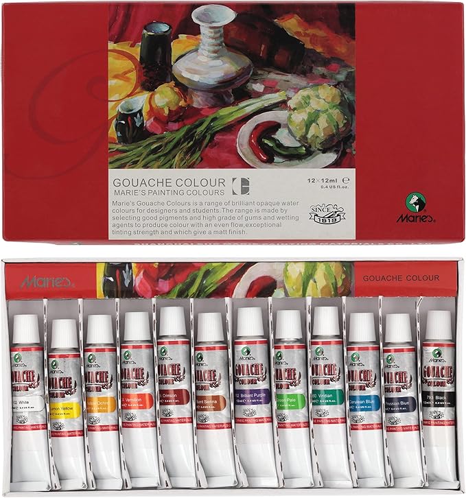 Marie's Artist Gouache Paint Sets - Highly Pigmented Gouache for Painting, Artists, Illustrators & Designers - Set of 12 Assorted Color Tubes (12mL/0.4oz)