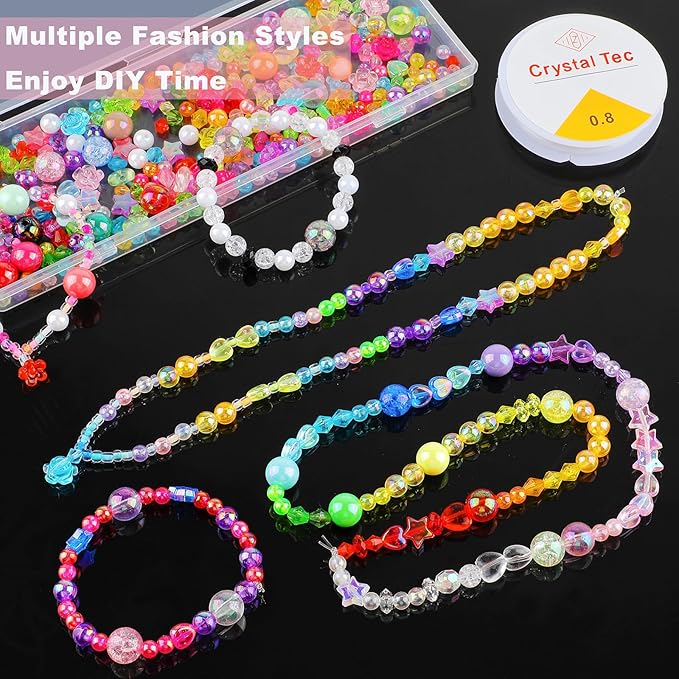 650 Pcs Crystal Beads for Jewelry Making,Sparkly Crystal Acrylic Bead DIY for Bracelets Craft Earrings Necklaces Making,Assorted Rondelle/Heart/Flower/Star Bulk Beads with Elastic String and Box