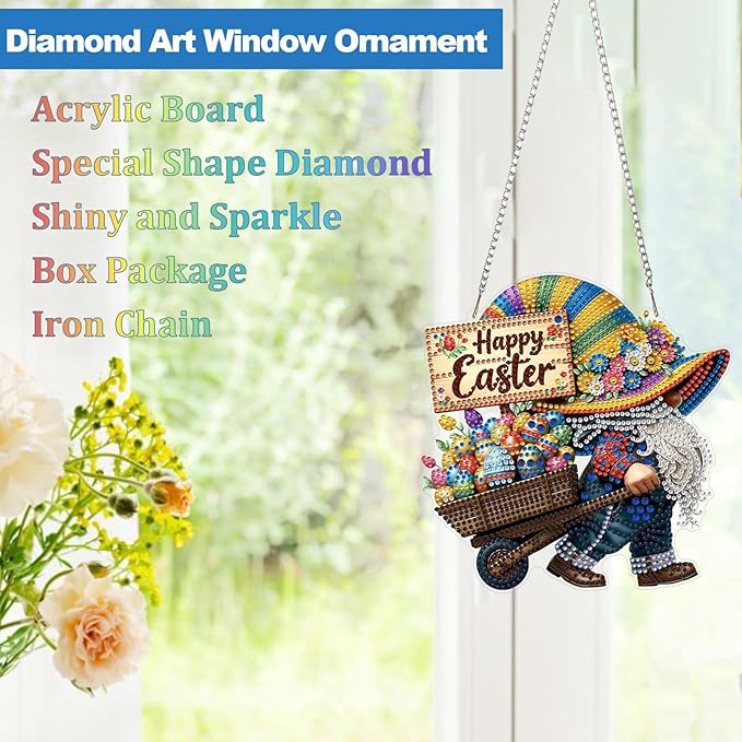 CEOVR Easter Diamond Painting Pendant, Easter Egg Gnome Hanging Diamond Art for Adults DIY Gem Art Wall Hanging Ornament, Acrylic Home Garden Decor with Chain, Box Kit 7.59×7.87inch
