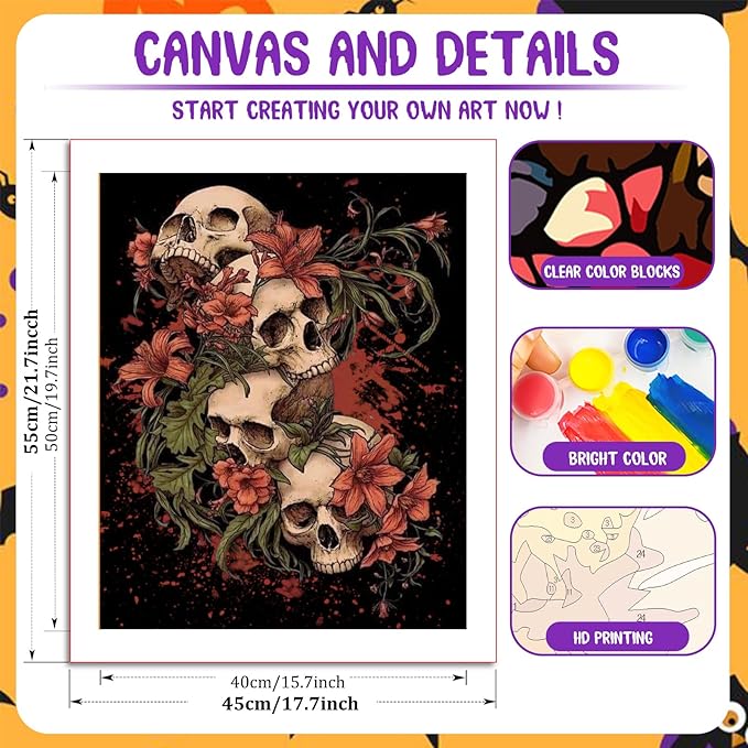 Skull Paint by Numbers Kit for Adults, Skull Paint by Numbers Kit for Adults Beginner, Skeleton Paint by Number Kits for Gift Home Decor 16''W x 20''L