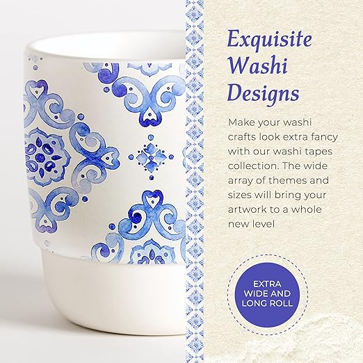 Serenity Fair Washi Tape – Mediterranean Tile Pattern, Extra Wide 4 Inch Scrapbook Supplies for Scrapbooking, Journaling, Stickers, Craft Paper, and DIY Scrapbook Tape Roll (Moroccan Blue and White)