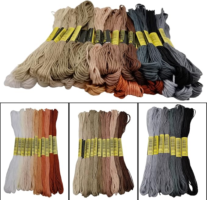 30 Skeins Embroidery Thread,White Brown Grey Black Gradient Embroidery Floss for Cross Stitch and DIY Art Craft,Friendship Bracelets String,with 12 PCS Floss Bobbins