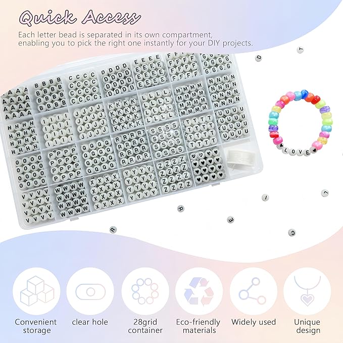 Amaney 1400pcs Letter Beads,Heart Beads Glow in The Dark 4x7mm A-Z Round Acrylic White Alphabet with Elastic Beading Cord for Jewelry Bracelet Making