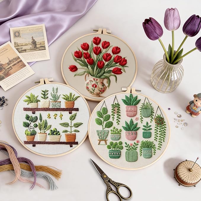 3 Pack Embroidery Kit for Adult Beginners, Needlepoint Cross Stitch Kits with Flower and Green Plant Stamped Patterns, Embroidery Hoop, Tools,Colorful Threads,Step by Step Instructions,DIY Starter Kit