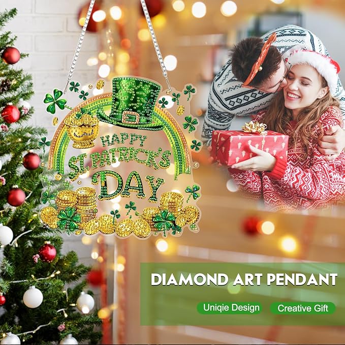 NEWENMO DIY Hanging Diamond Art Pendant Painting Kit, Happy St. Patrick's Day, Special Shaped Crystal Gem Craft Painting Kit Ornament, Diamond Ornament for Home Garden Wall Hanging, Lucky Gold Coin