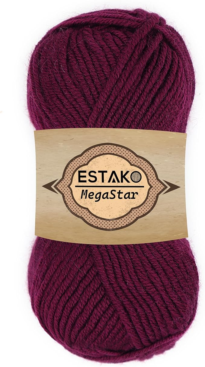 Estako Megastar, 75% Acrylic 25% Wool Yarn, Soft, Chunky Bulky Weight #5 for Crochet and Knitting 3.52 Oz (100g) / 120 Yrds (110m) (60609 - Aubergine)